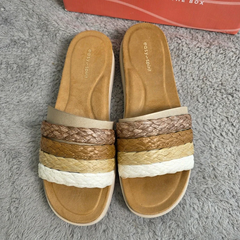 Easy‎ Spirit Women Dark Brown Multi Strap Raffia Braided Slide Sandals 10M NEW